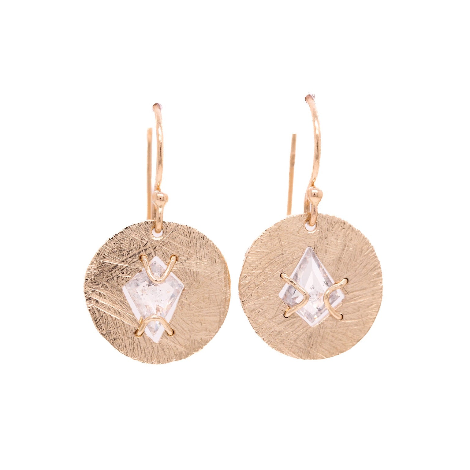 drop disc earrings with salt and pepper diamonds in 14k yellow gold by universal deco