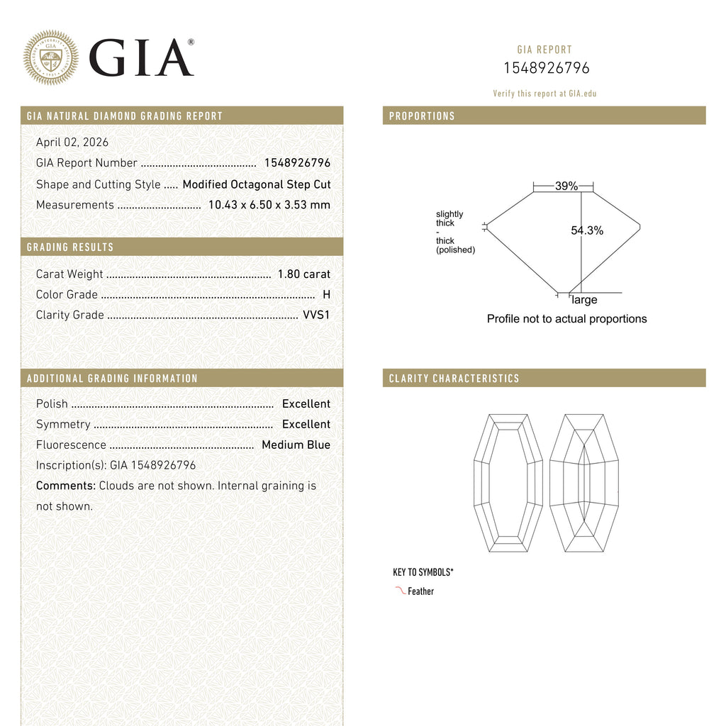 1.80ct 10.43x6.50x3.53mm GIA VVS1 H Cut Corner Rectangle Step Cut 28011-01