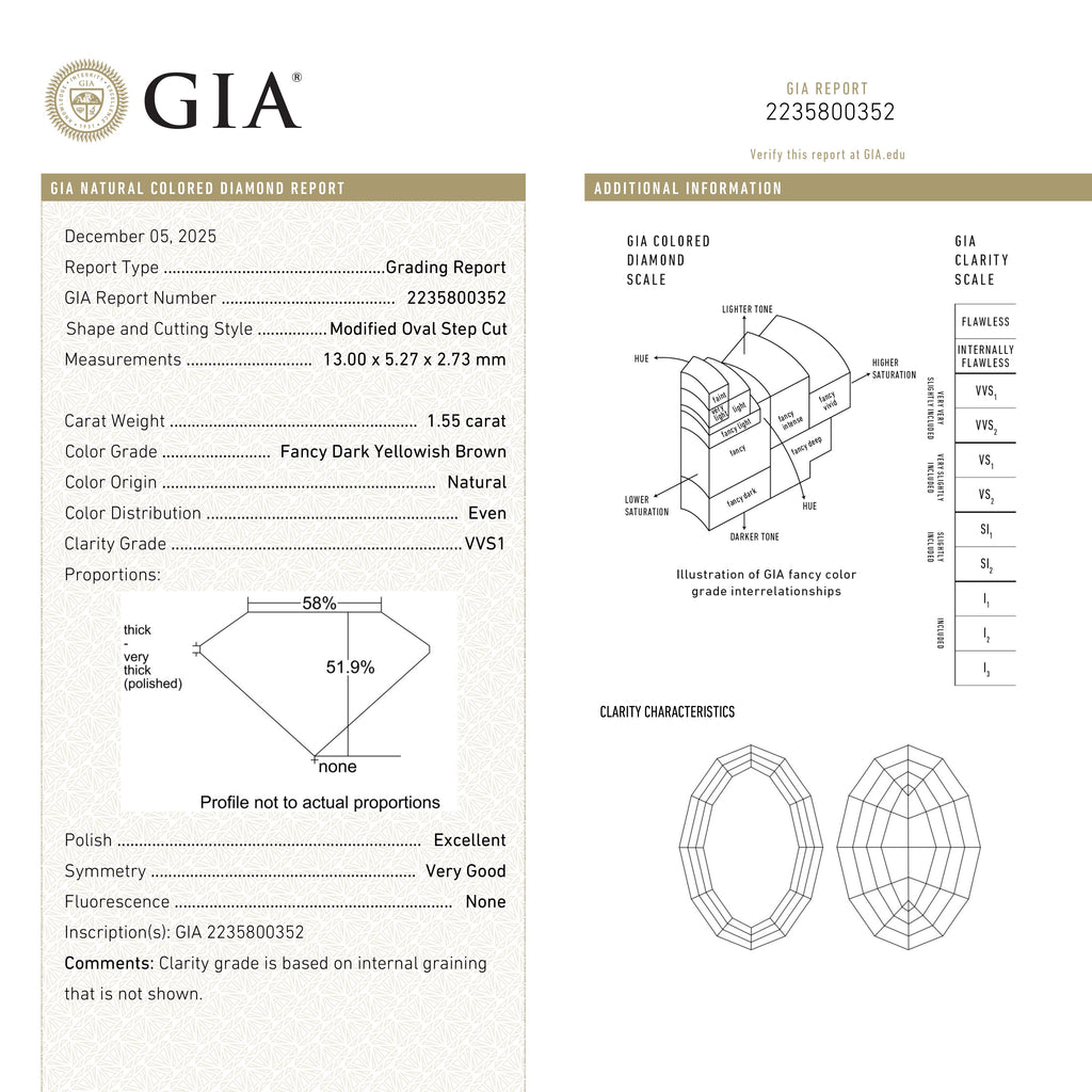 1.55ct 13.00x5.27x2.73mm GIA VVS1 Fancy Dark Yellowish Brown Geo Oval Step Cut 🇿🇦 27527-01