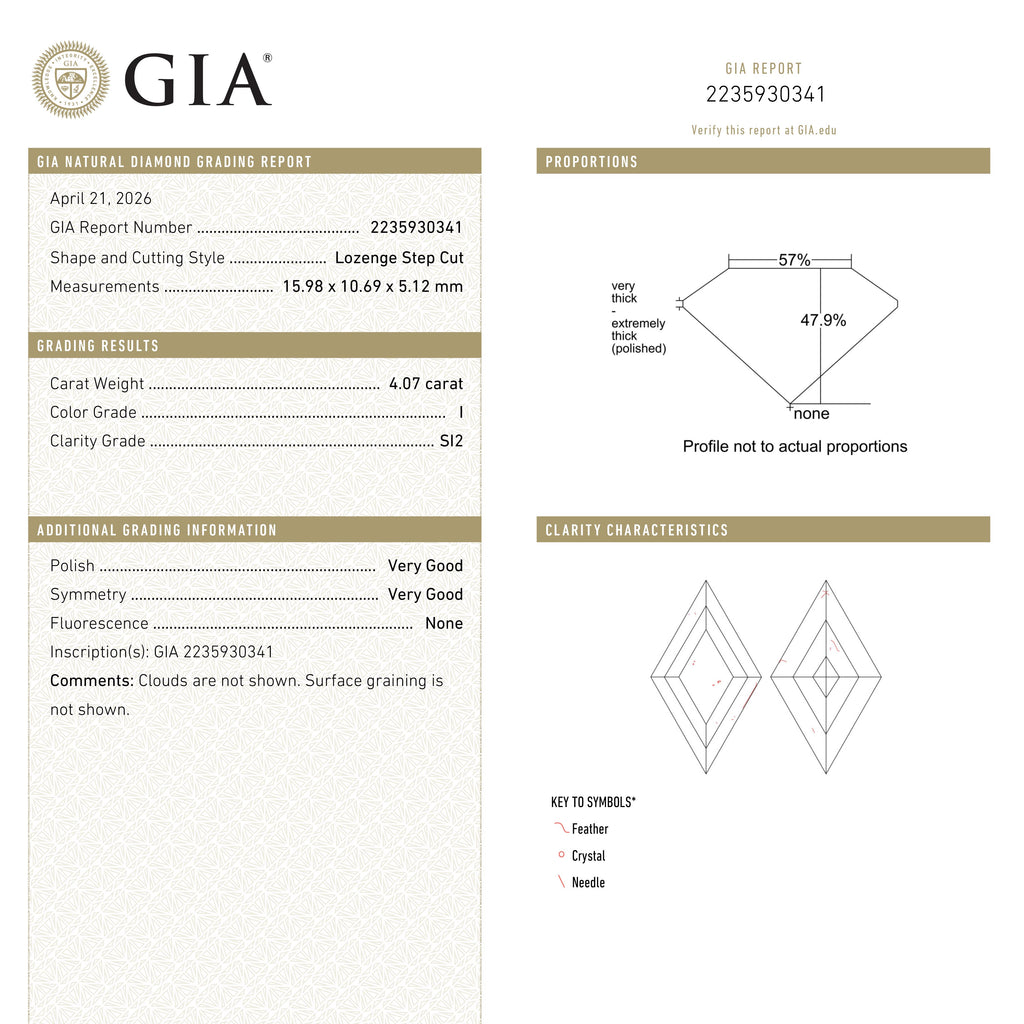 4.06ct 15.98x10.69x5.12mm GIA SI2 I Lozenge Step Cut 28010-01