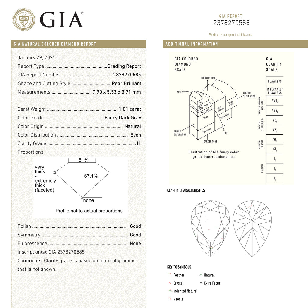 1.01ct 7.90x5.53x3.71mm GIA I1 Fancy Dark Grey Pear Brilliant 19544-01
