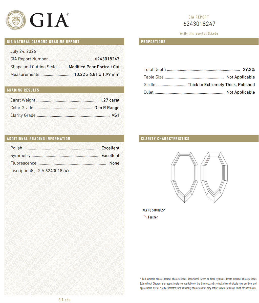 1.27ct 10.22x6.81x1.99mm GIA VS1 Q-R Geo Pear Portrait Cut 28329-01