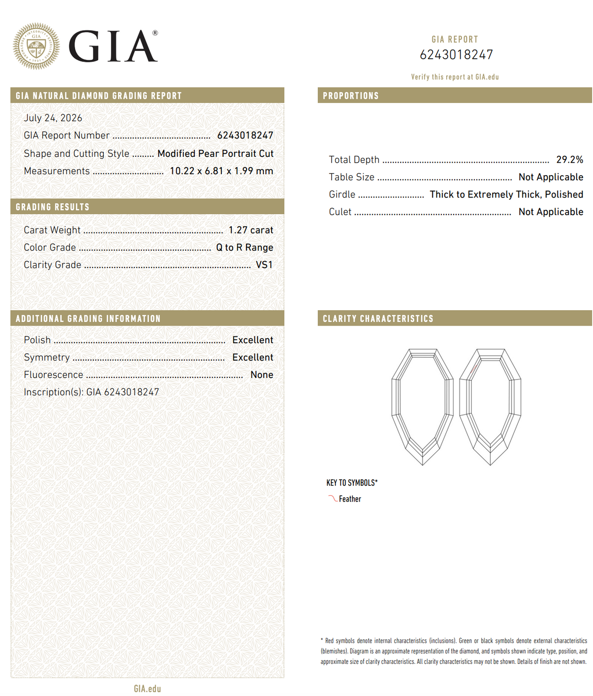 1.27ct 10.22x6.81x1.99mm GIA VS1 Q-R Geo Pear Portrait Cut 28329-01