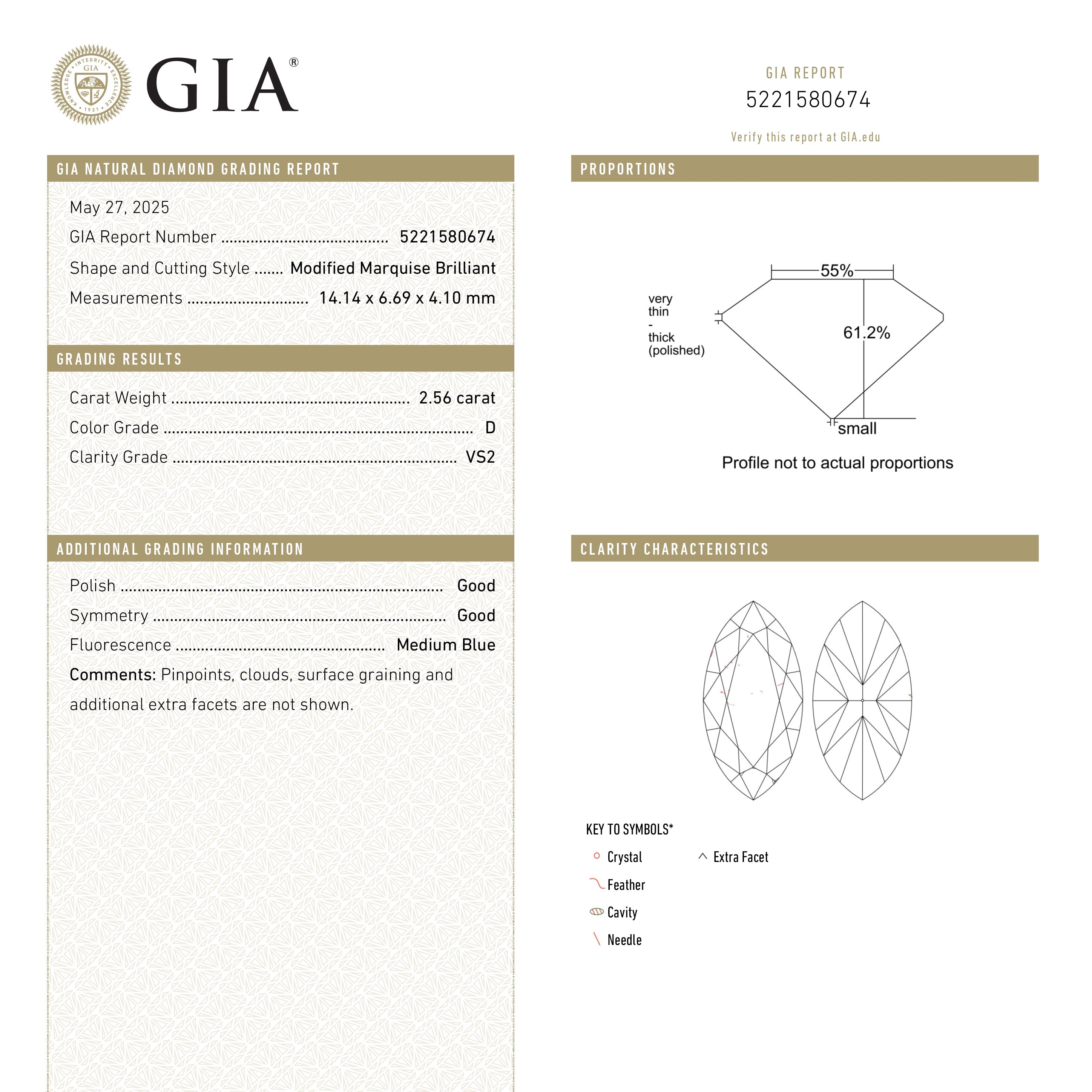 2.56ct 14.14x6.69x4.10mm GIA VS2 D Moval Brilliant 26663-01