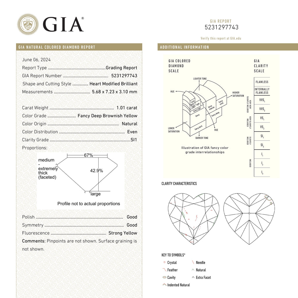 1.01ct 5.68x7.23x3.10mm GIA SI1 Fancy Deep Brownish Yellow Heart Brilliant 28350-01