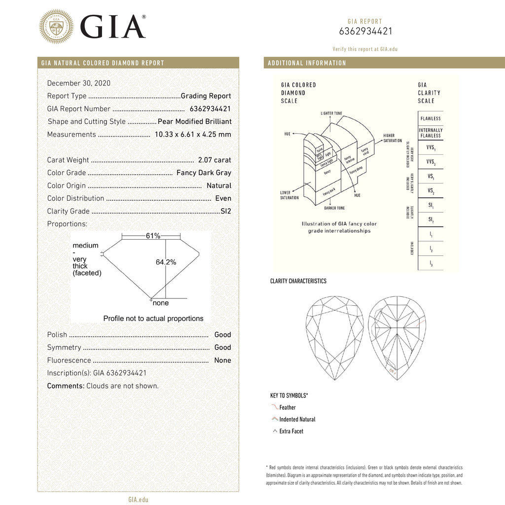 2.07ct 10.33x6.61x4.25mm GIA SI2 Fancy Dark Grey Pear Brilliant 19549-01