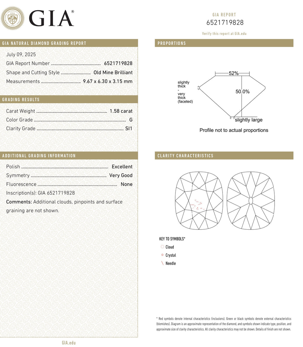 1.58ct 9.66x6.30x3.14mm GIA SI1 G Modern Antique Old Mine Cut 27397-01