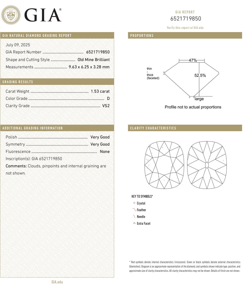 1.53ct 9.62x6.24x3.27mm GIA VS2 D Modern Antique Old Mine Cut 27398-01