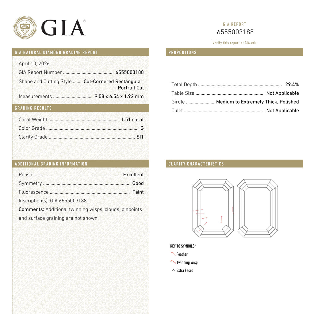 1.51ct 9.58x6.54x1.92mm GIA SI1 G Cut Corner Rectangle Portrait Cut 28015-01