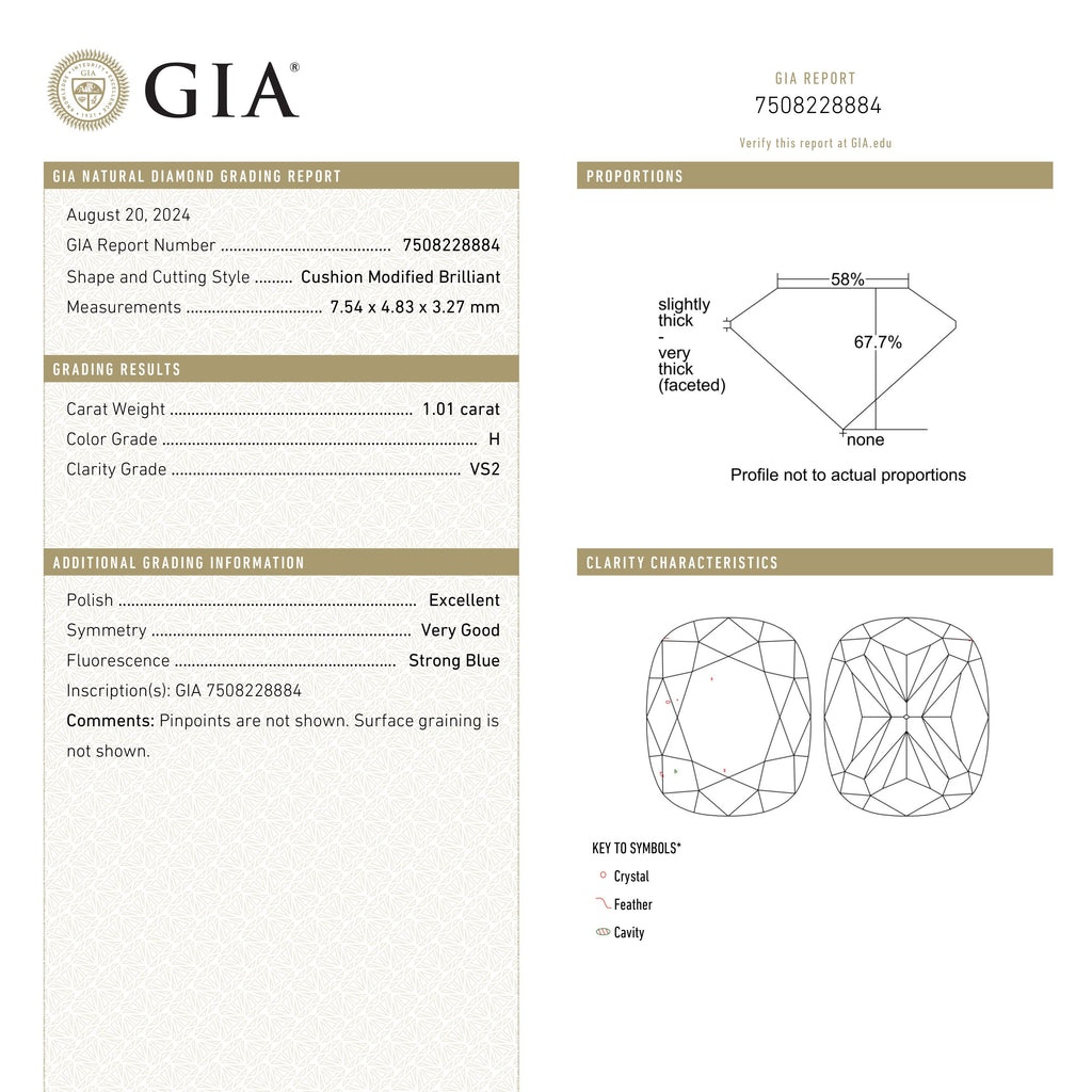 1.01ct 7.54x4.83x3.27mm GIA VS2 H Cushion Brilliant 28347-01