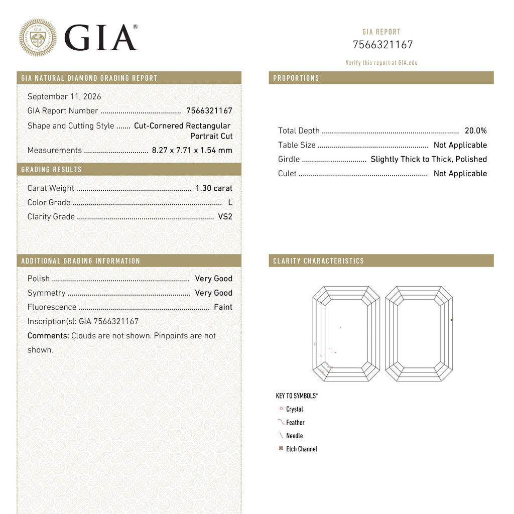 1.30ct 8.27x7.71x1.54mm GIA VS2 L Cut Corner Square Portrait Cut 28328-01