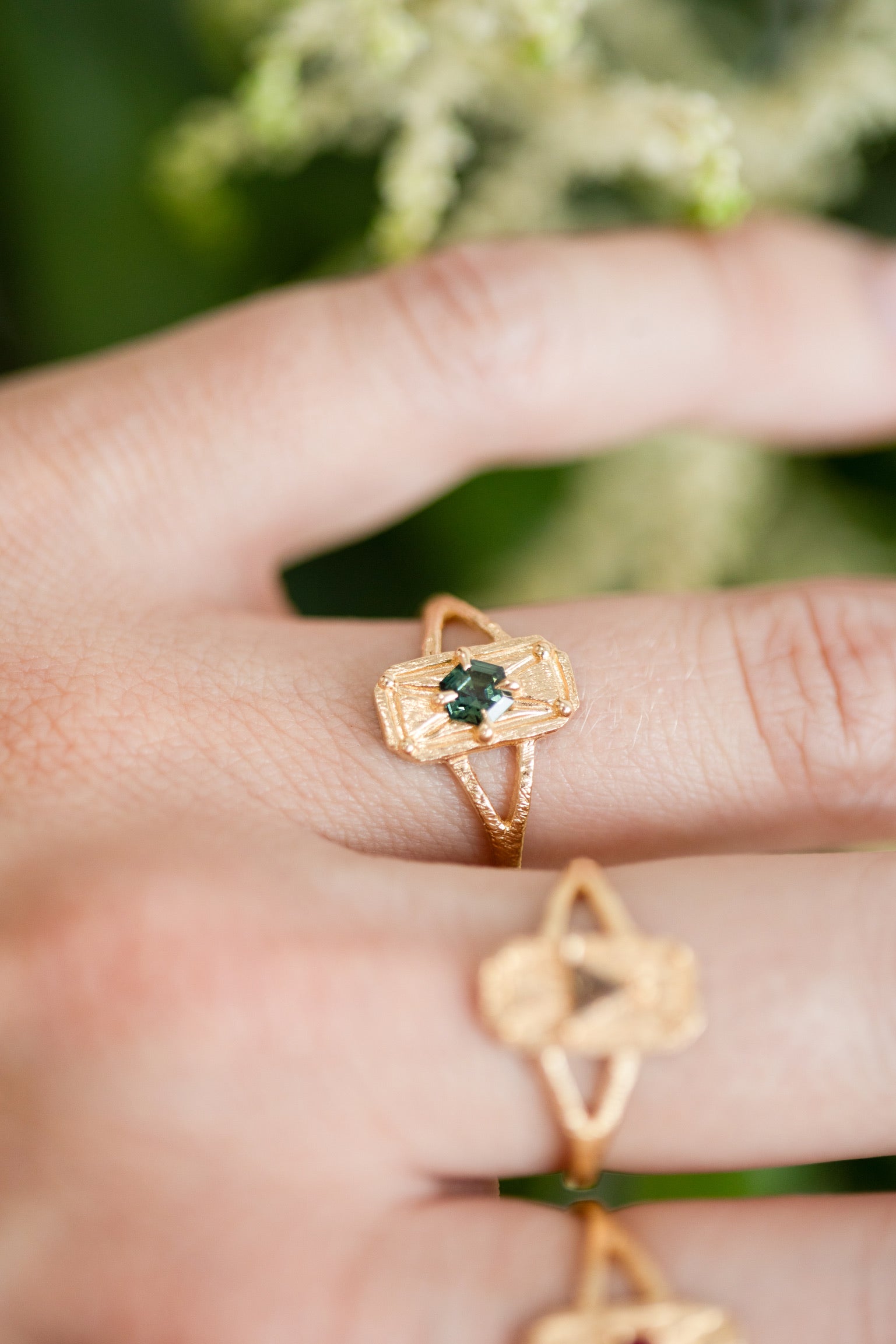 Teal Hexagon Sapphire Mini Shield Ring