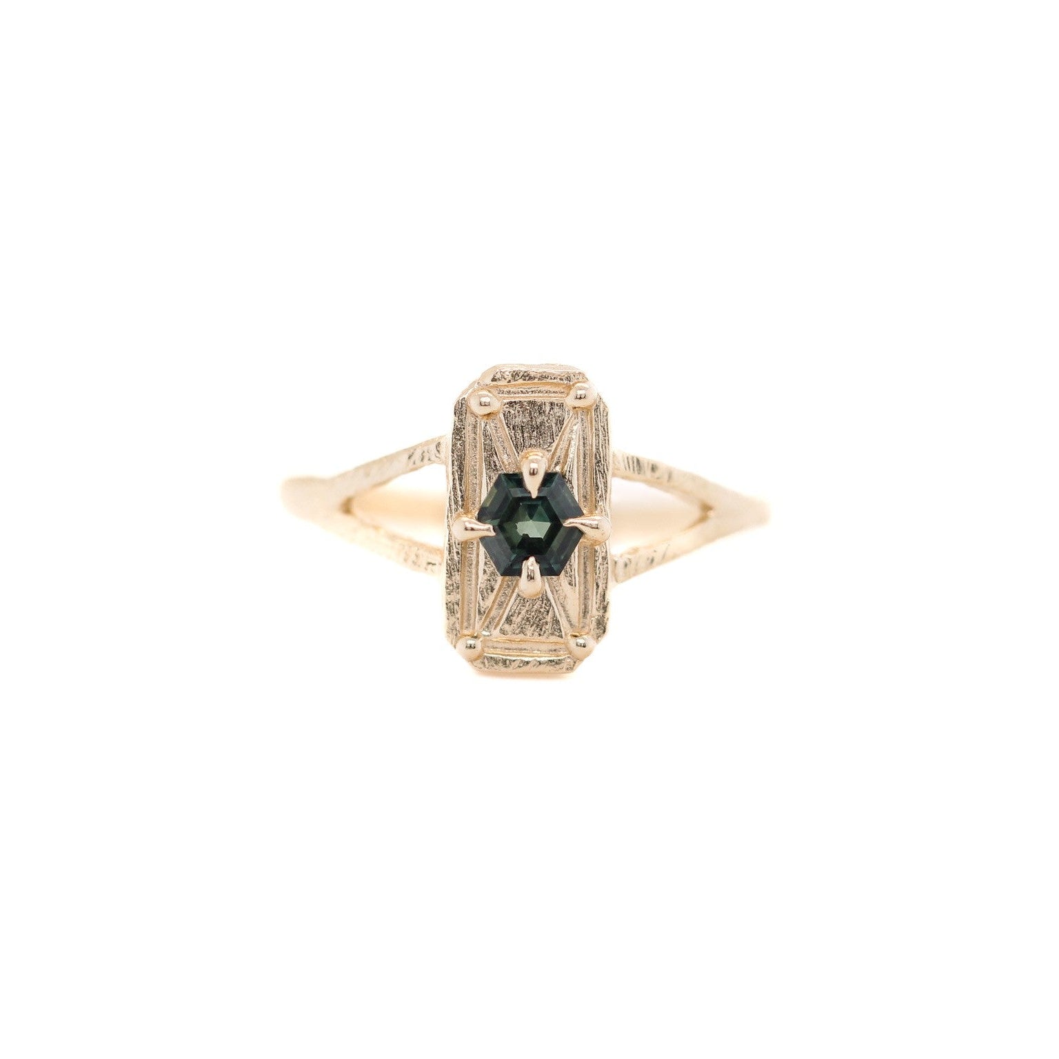 teal hexagon sapphire mini shield ring in 18k yellow gold by universal deco jewelry