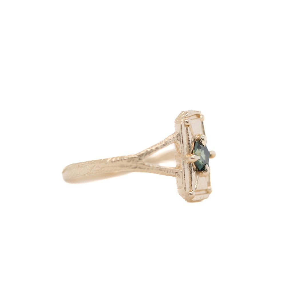 teal hexagon sapphire mini shield ring in 18k yellow gold by universal deco jewelry