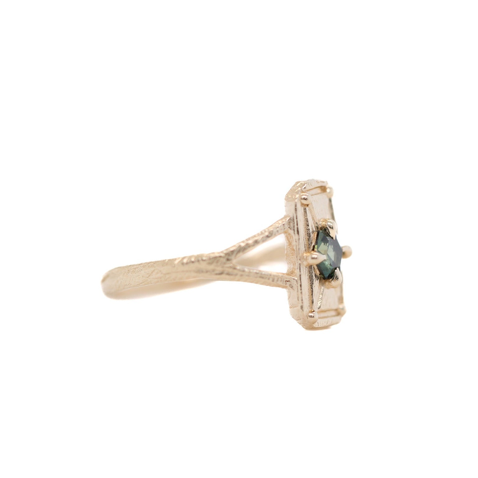 teal hexagon sapphire mini shield ring in 18k yellow gold by universal deco jewelry