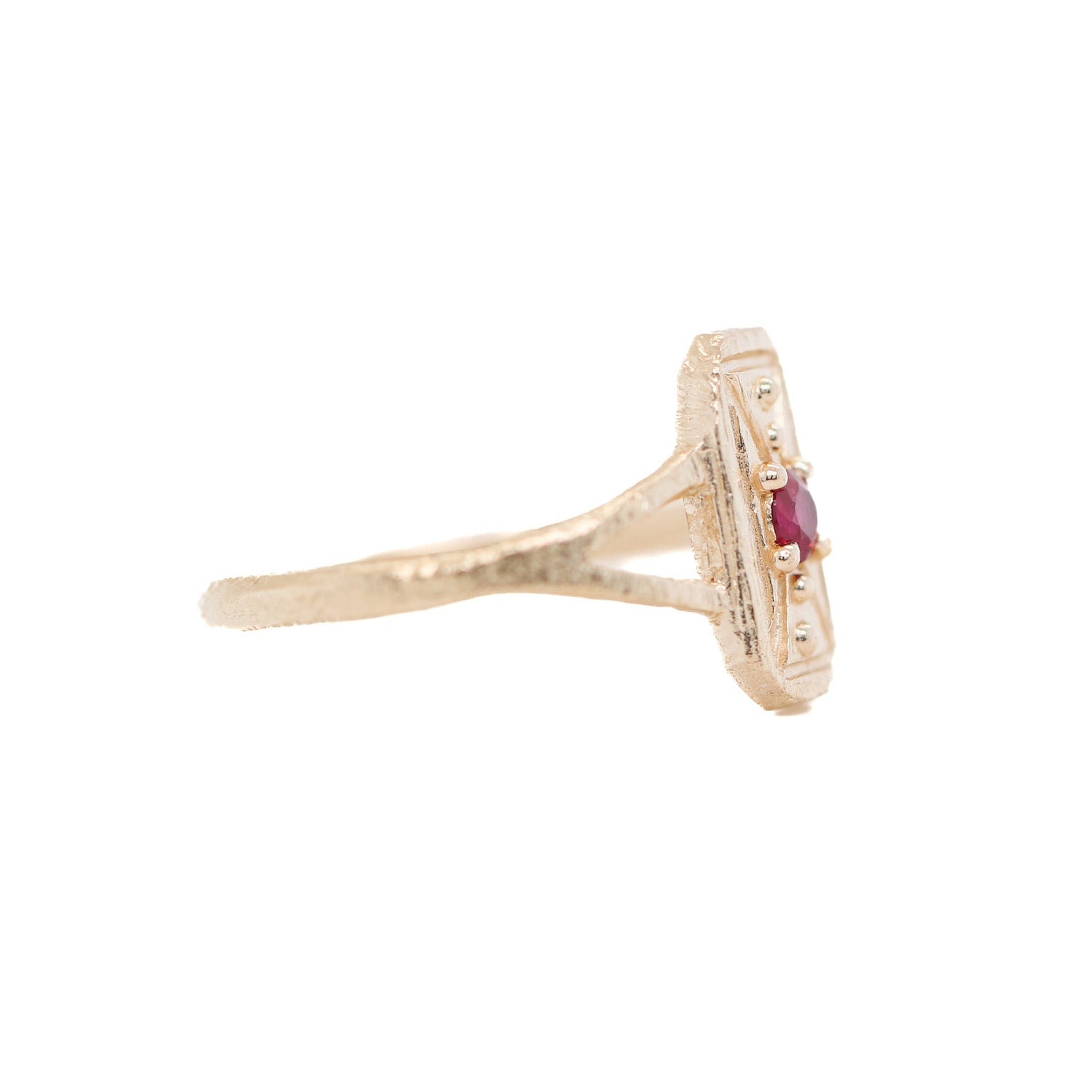 ruby mini shield ring in 18kt yellow gold by universal deco